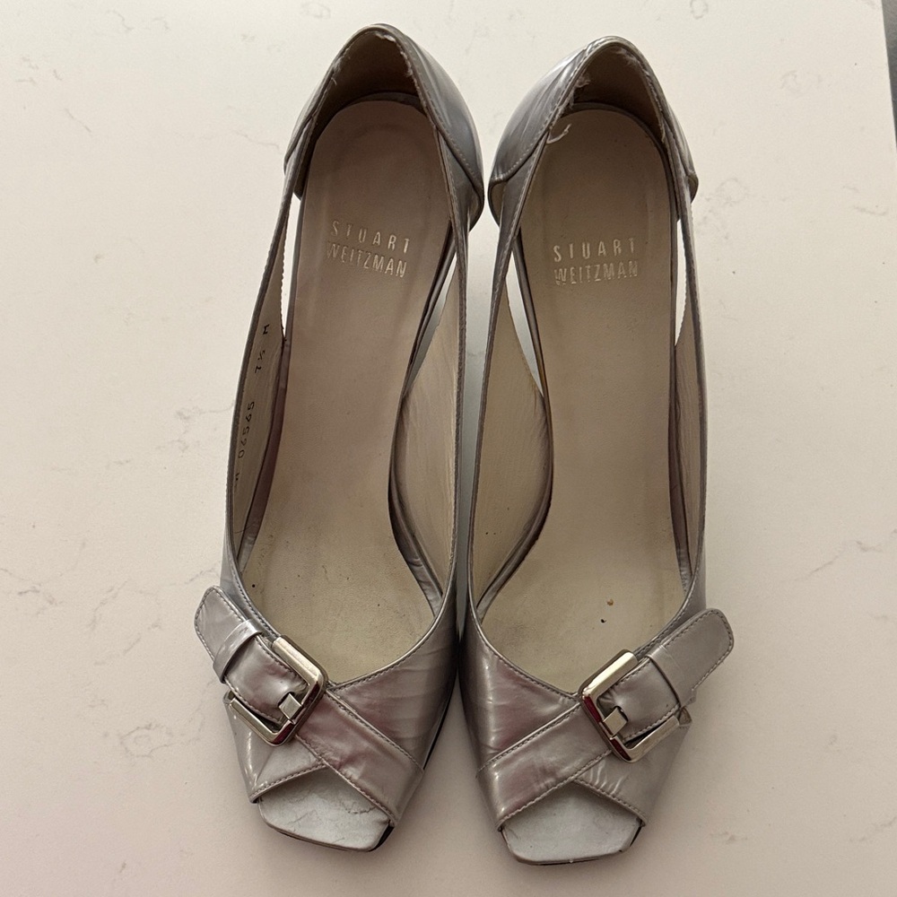 Elegant Silver Stuart Weitzman Wedge Peep-Toe Genuine Leather Shoes 7.5 $269 - Picture 7 of 12